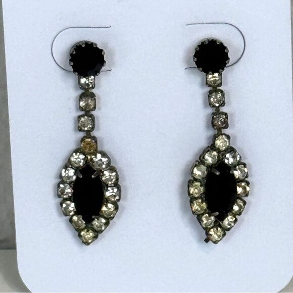 VTG Black White Rhinestone Silver Tone Drop Earrings 50s - Picture 2 of 4